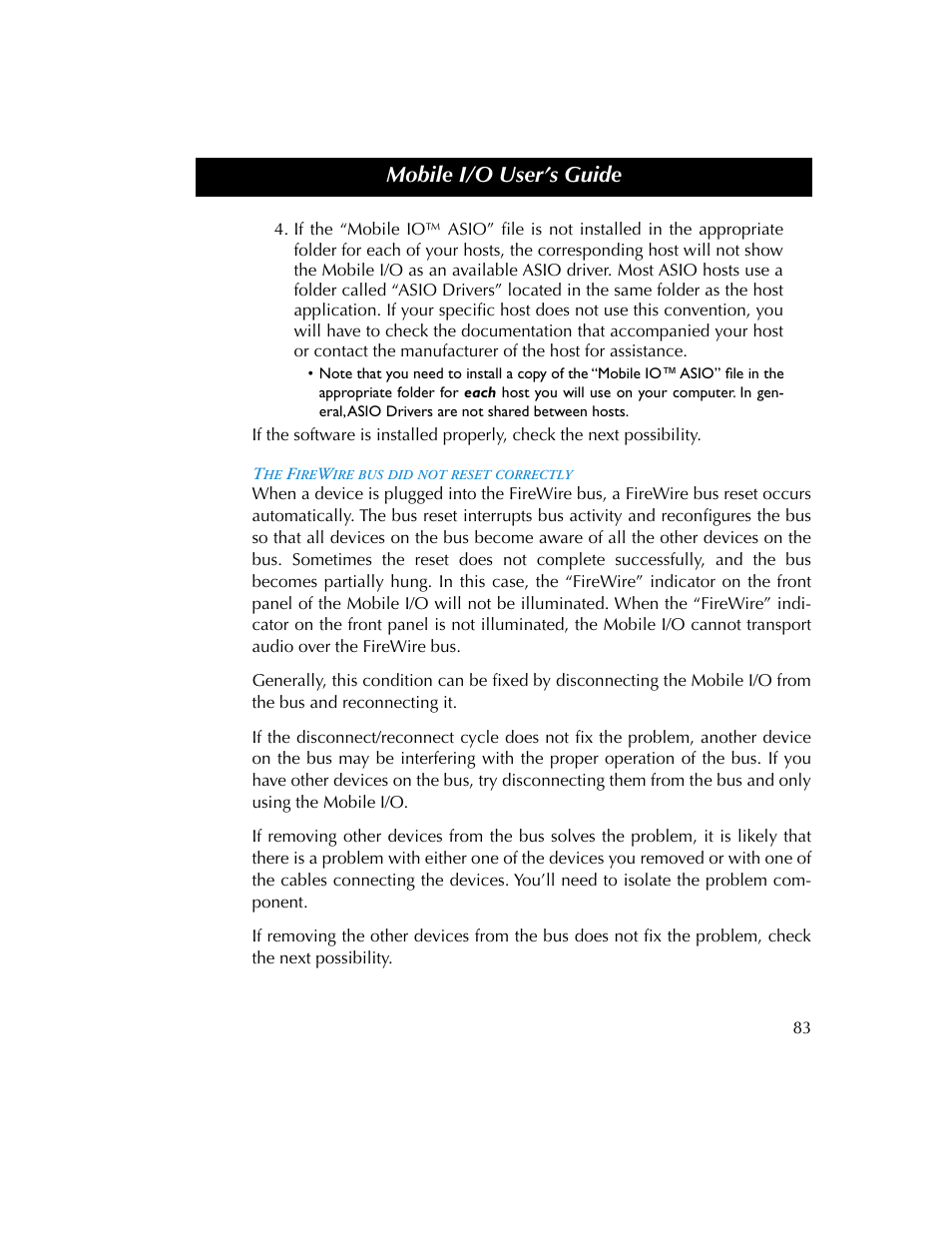 The firewire bus did not reset correctly, Mobile i/o user’s guide | Metric Halo 2882 operating guide User Manual | Page 91 / 109