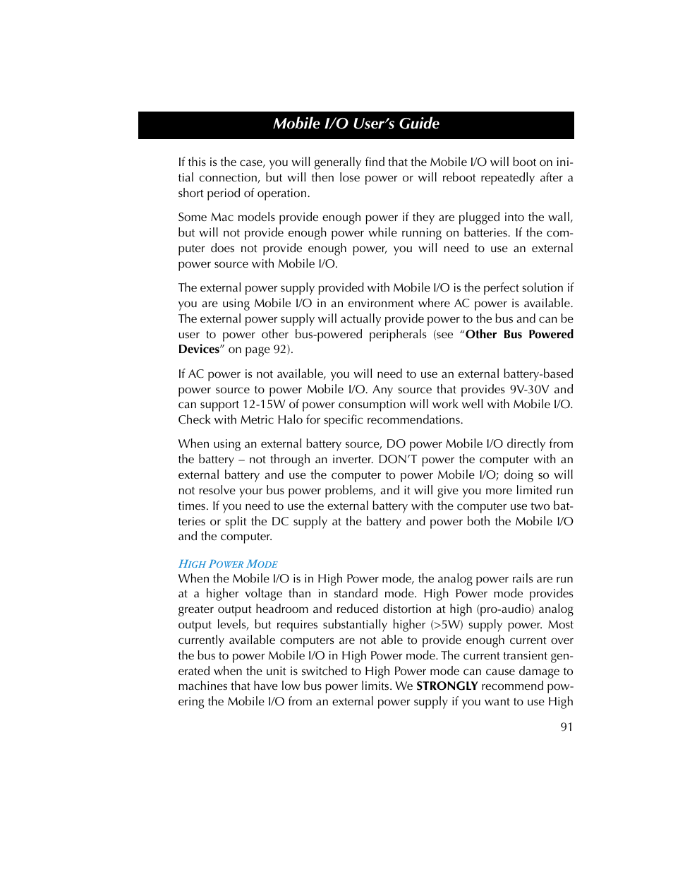 High power mode, Mobile i/o user’s guide | Metric Halo 2882 operating guide User Manual | Page 99 / 109