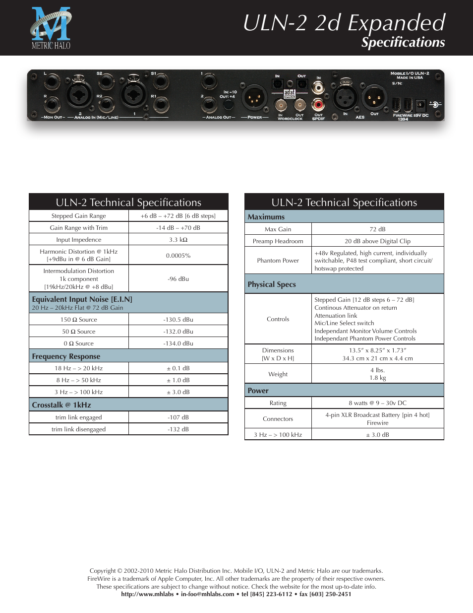 Uln-2 2d expanded, Specifications, Uln-2 technical specifications | Metric Halo ULN-2 operating guide User Manual | Page 2 / 2