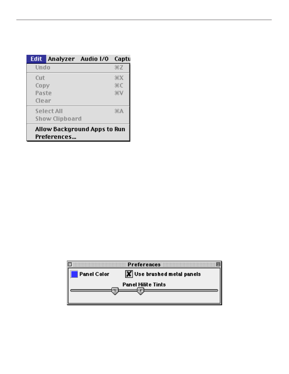 Quick menu reference, Edit menu, Allow background apps to run | Preferences | Metric Halo SpectraFoo Version 1.5 User Manual | Page 16 / 41