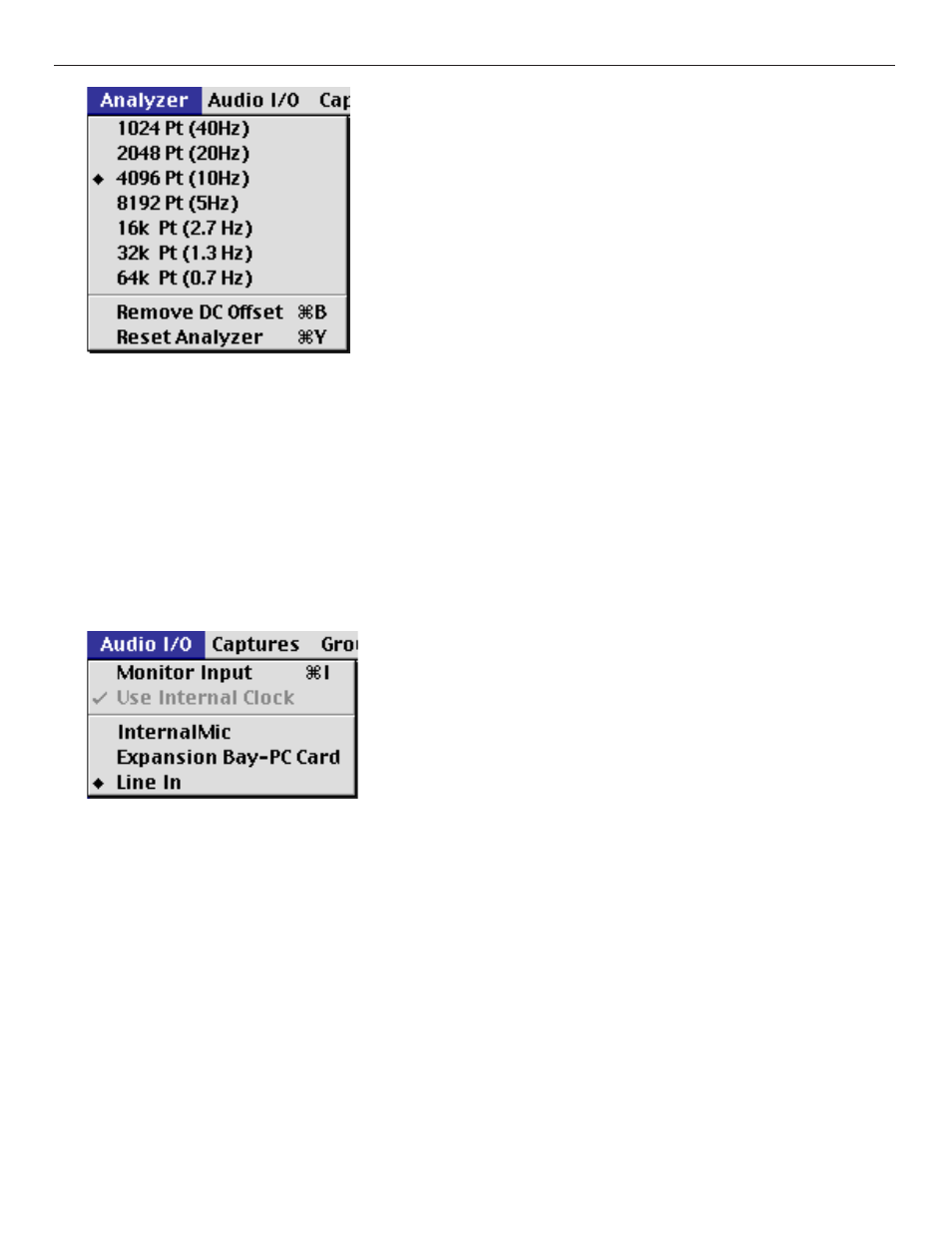 Analyzer menu, Remove dc offset, Reset analyzer | Audio i/o menu, Monitor input | Metric Halo SpectraFoo Version 1.5 User Manual | Page 17 / 41