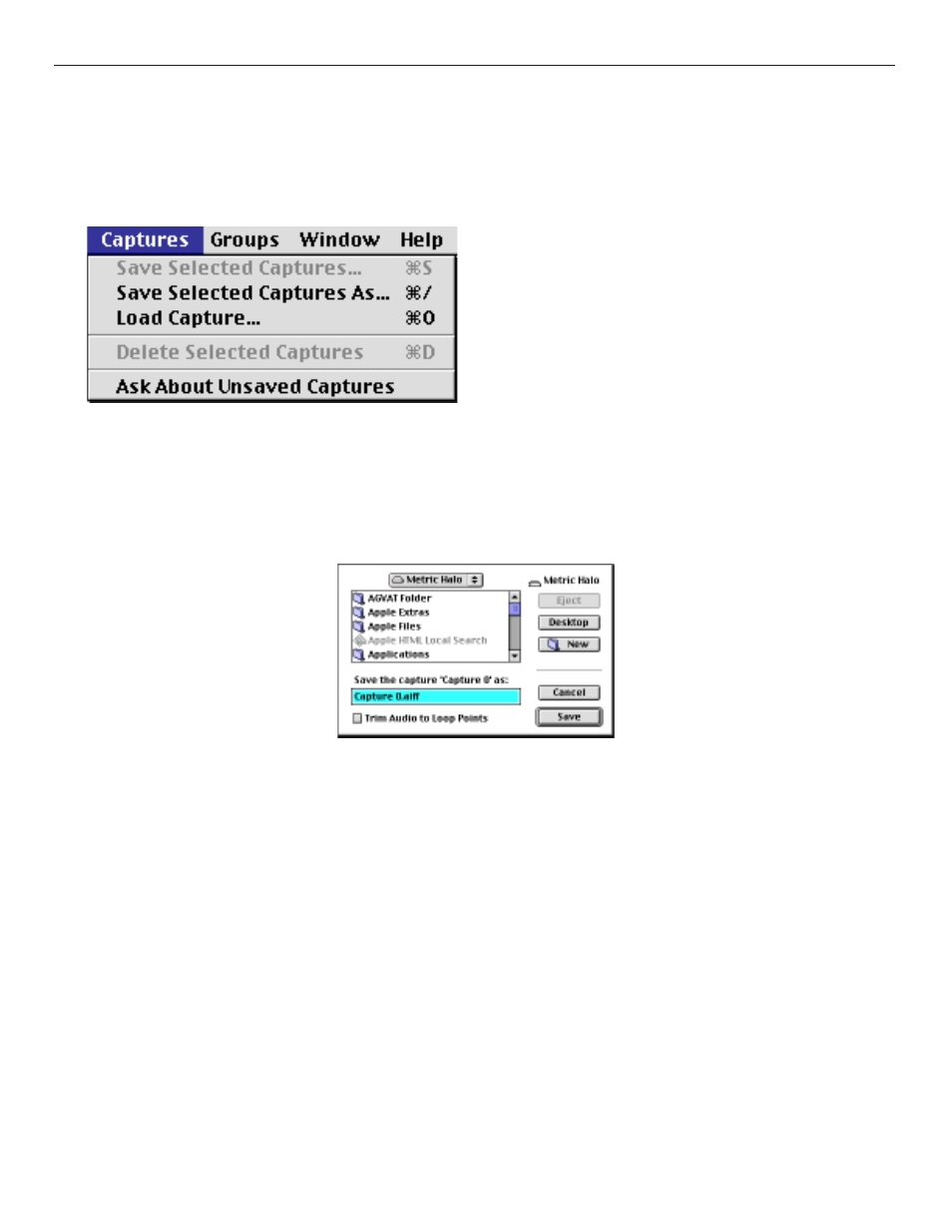 Use internal clock, Captures menu, Save selected captures | Trim audio to loop points, Save selected captures as, Load capture, Delete selected captures, Ask about unsaved captures | Metric Halo SpectraFoo Version 1.5 User Manual | Page 18 / 41