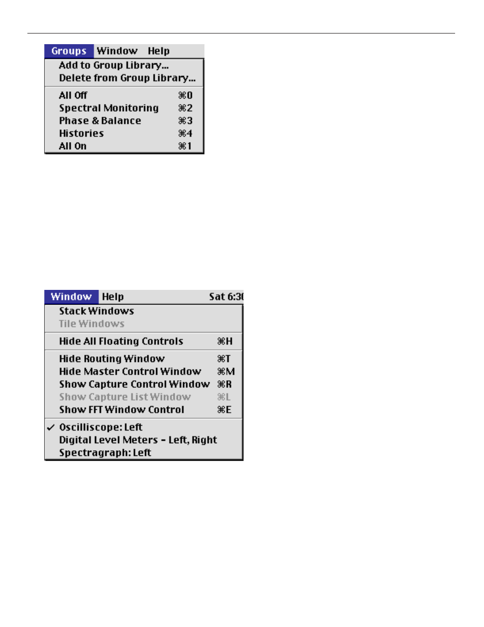 Groups menu, Add to group library, All off | Delete from group library, Window menu | Metric Halo SpectraFoo Version 1.5 User Manual | Page 19 / 41