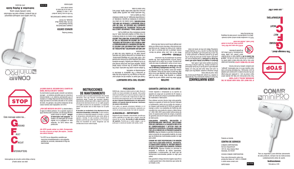 Mini, Use r m ain ten anc e, Instrucciones de mantenimiento | Thi s m ess age ab out, Rou nd, Aul t, Ircu it, Nte rru pte rs ...c an sav e a lif e, Cau tio n, Ser vic e c ent er | Conair MiniPro 245 User Manual | Page 2 / 2