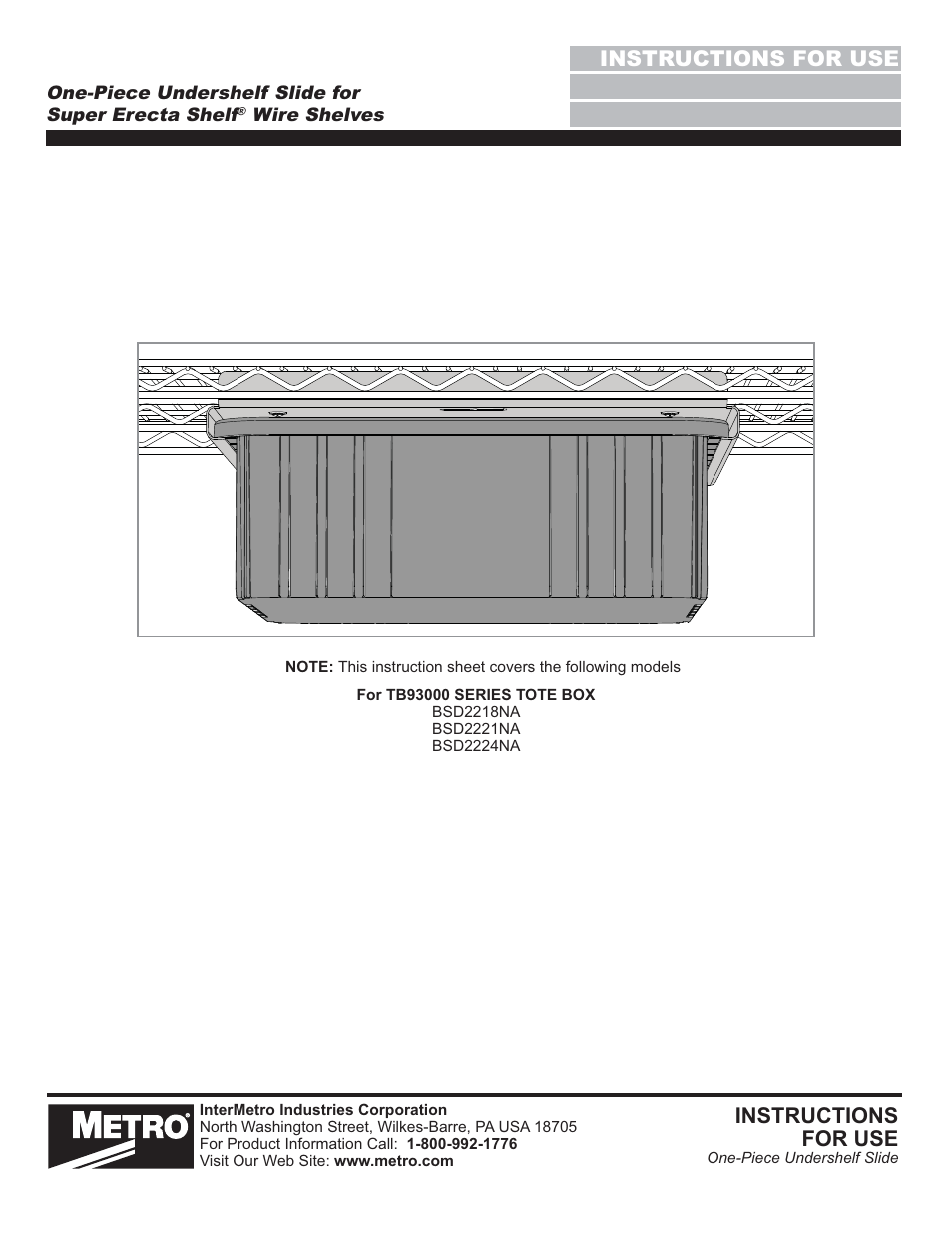 Metro One-Piece Undershelf Slide for Super Erecta Shelf Wire Shelves User Manual | 2 pages