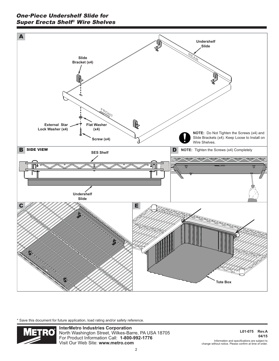 One·piece undershelf slide for super erecta shelf, Wire shelves | Metro One-Piece Undershelf Slide for Super Erecta Shelf Wire Shelves User Manual | Page 2 / 2