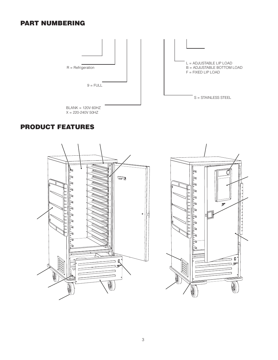 C5 r 9 - s b __ _ _ _ _ a _ x, Part numbering, Product features | Metro R-Series Mobile Refrigerators User Manual | Page 3 / 16