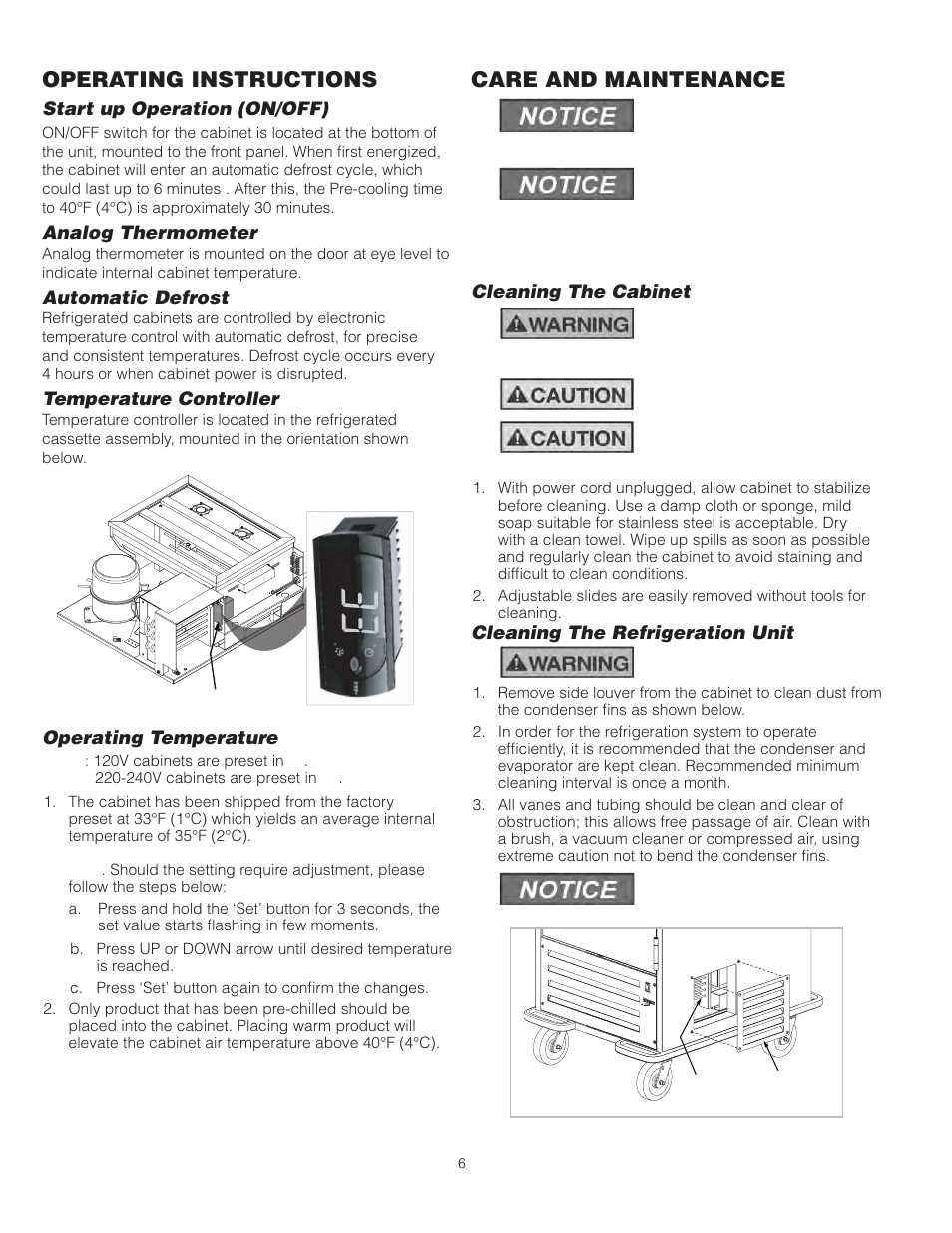 Operating instructions, Care and maintenance | Metro R-Series Mobile Refrigerators User Manual | Page 6 / 16