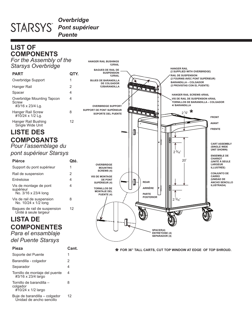 List of components, Liste des composants, Lista de componentes | Overbridge pont supérieur puente, For the assembly of the starsys overbridge, Pour l’assemblage du pont supérieur starsys, Para el ensamblaje del puente starsys | Metro Starsys Overbridge User Manual | Page 2 / 6