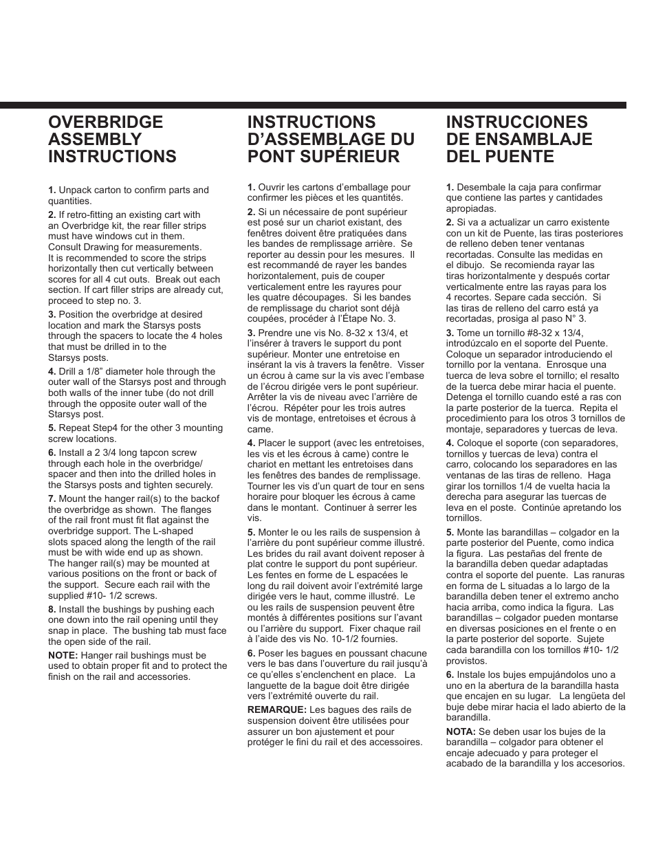 Overbridge assembly instructions, Instructions d’assemblage du pont supérieur, Instrucciones de ensamblaje del puente | Metro Starsys Overbridge User Manual | Page 3 / 6
