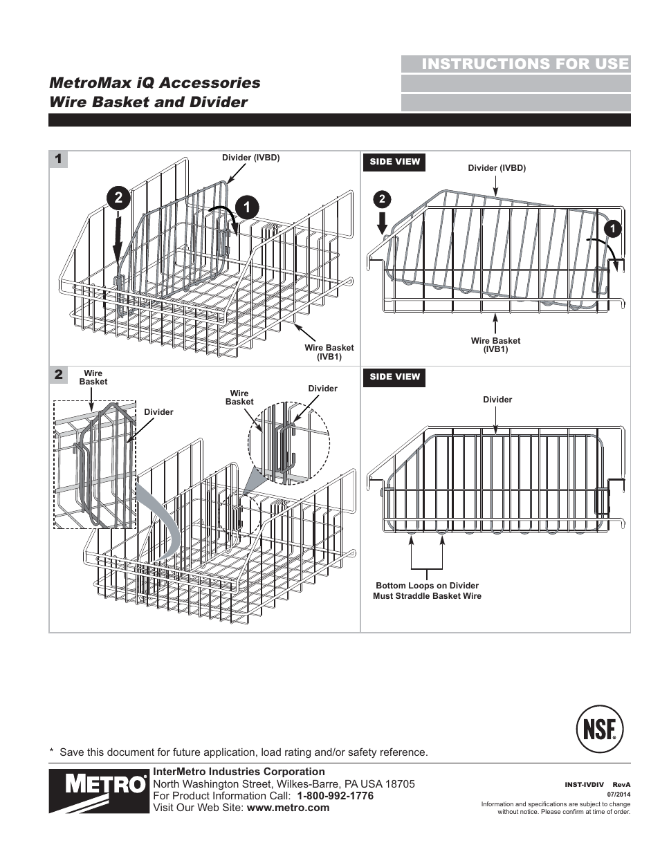 Metro MetroMax iQ Accessories Wire Basket and Divider User Manual | 1 page