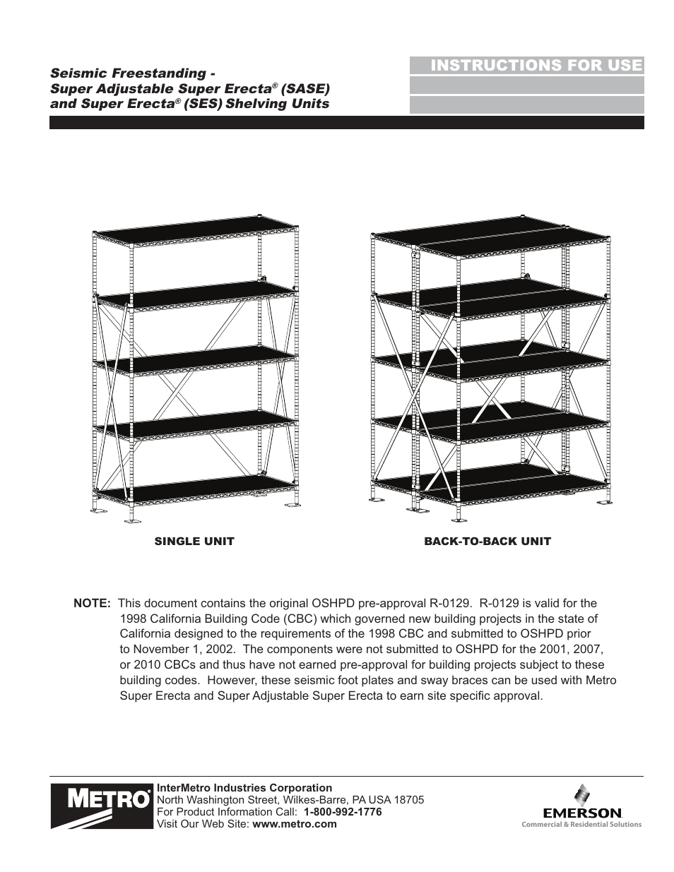 Metro Seismic Freestanding - Super Adjustable Super Erecta (SASE) and Super Erecta (SES) Shelving Units User Manual | 8 pages