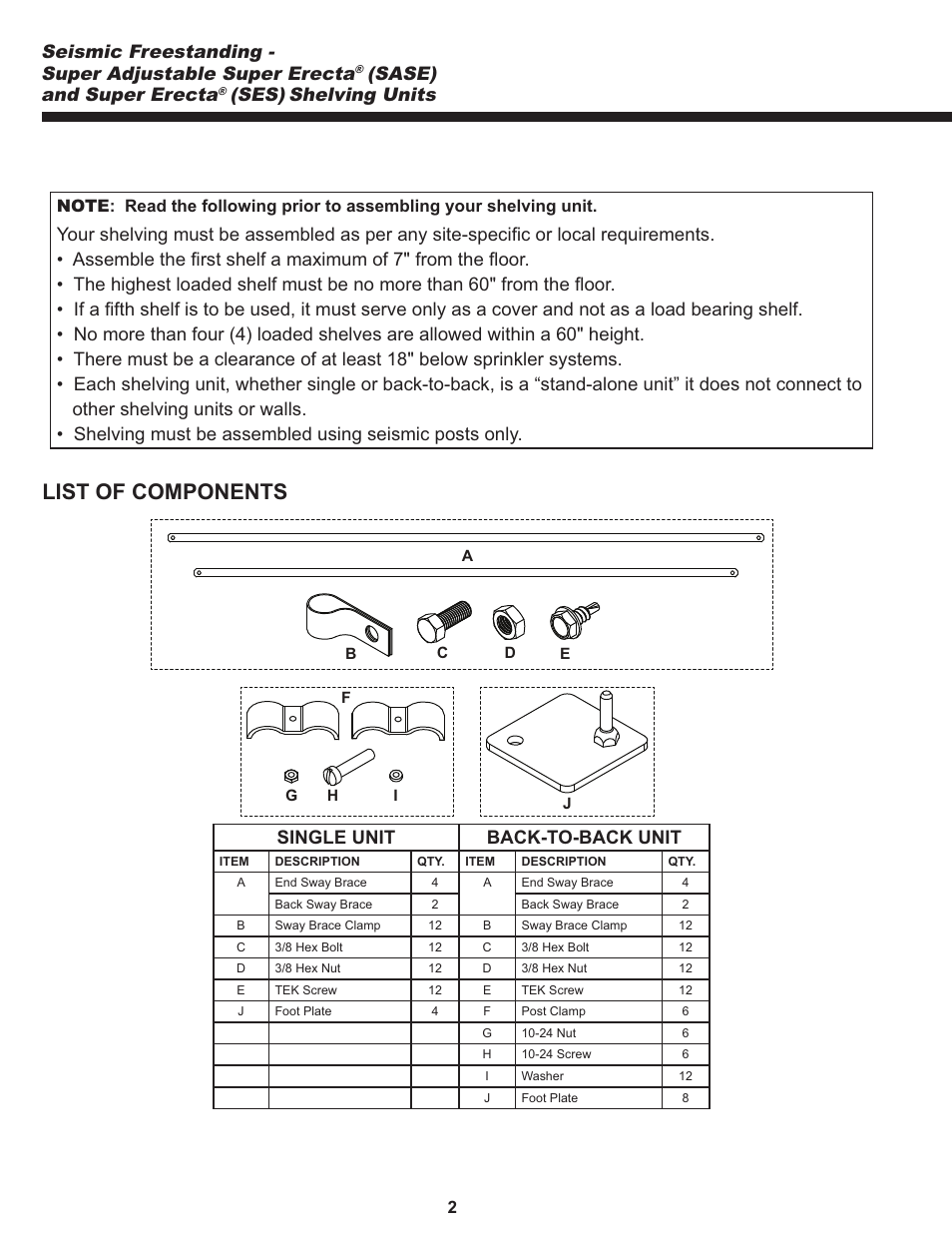 List of components, Sase) and super erecta, Ses) | Shelving units, Single unit back-to-back unit | Metro Seismic Freestanding - Super Adjustable Super Erecta (SASE) and Super Erecta (SES) Shelving Units User Manual | Page 2 / 8