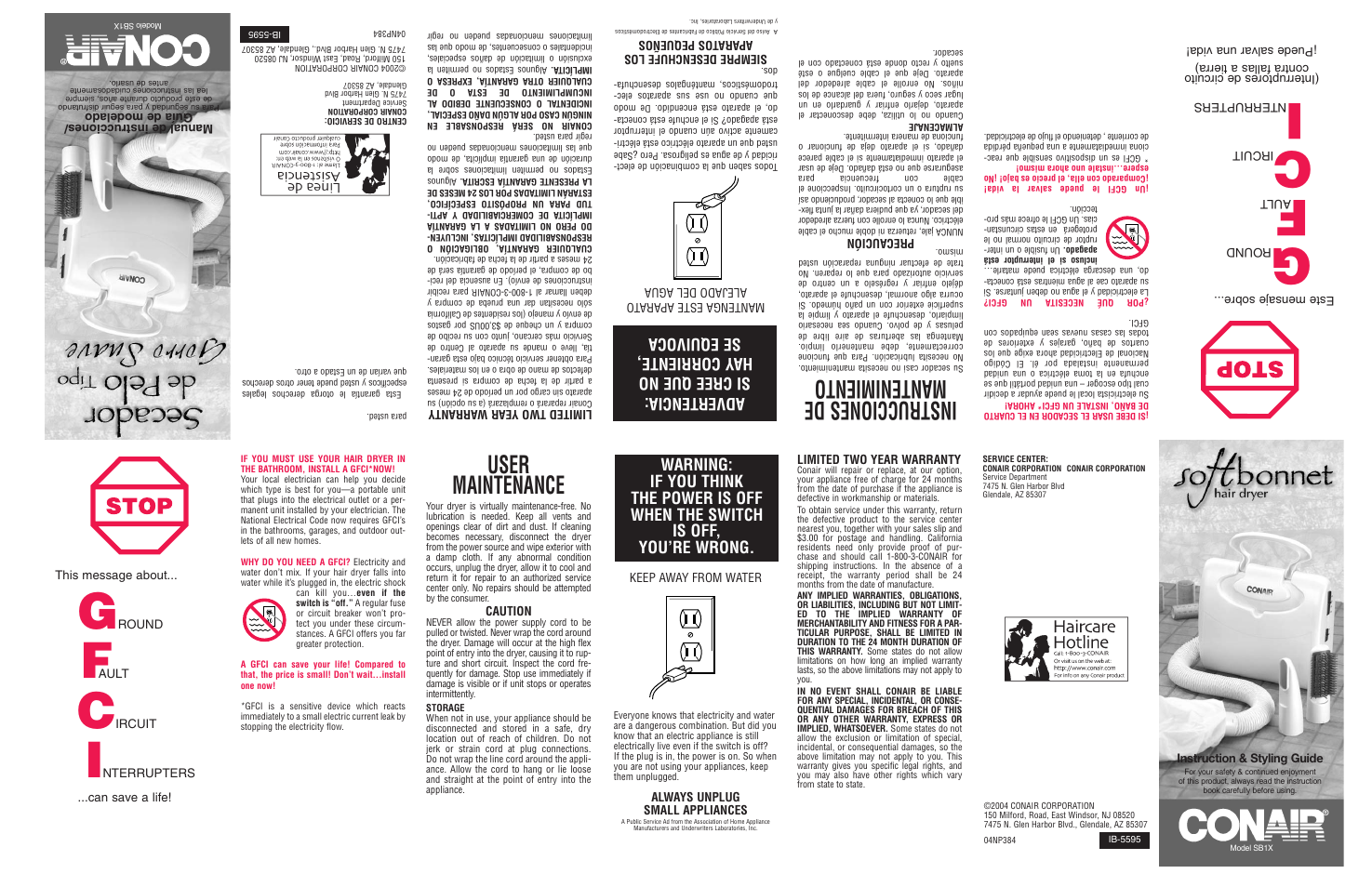 User maintenance, Instrucciones de mantenimiento | Conair SB1X User Manual | Page 2 / 2