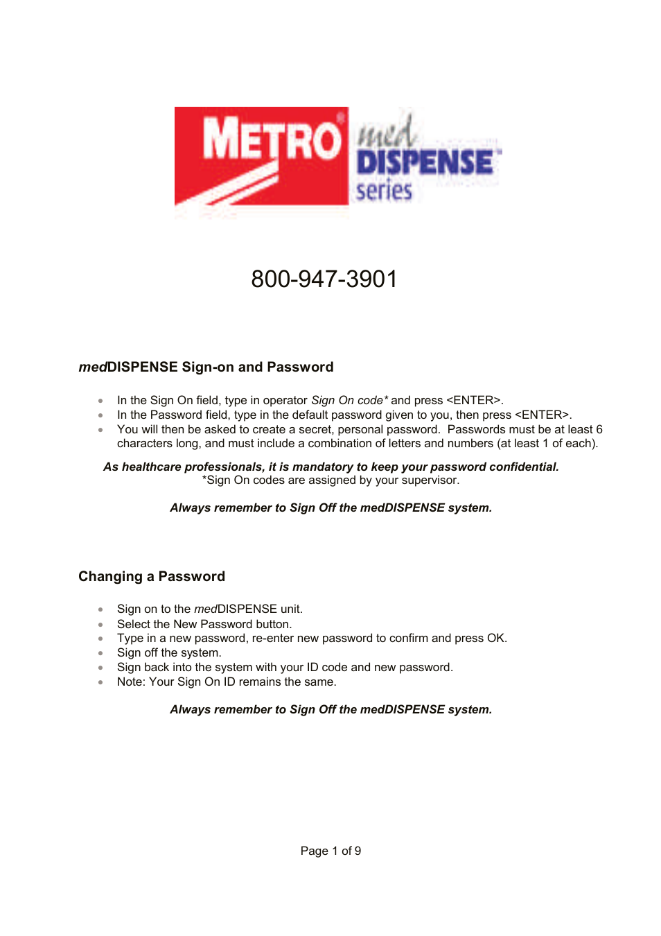 Metro medDISPENSE User Manual | 9 pages