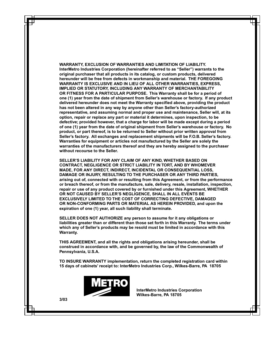 Warranty | Metro C200 Insulated Heated Cabinet User Manual | Page 14 / 15