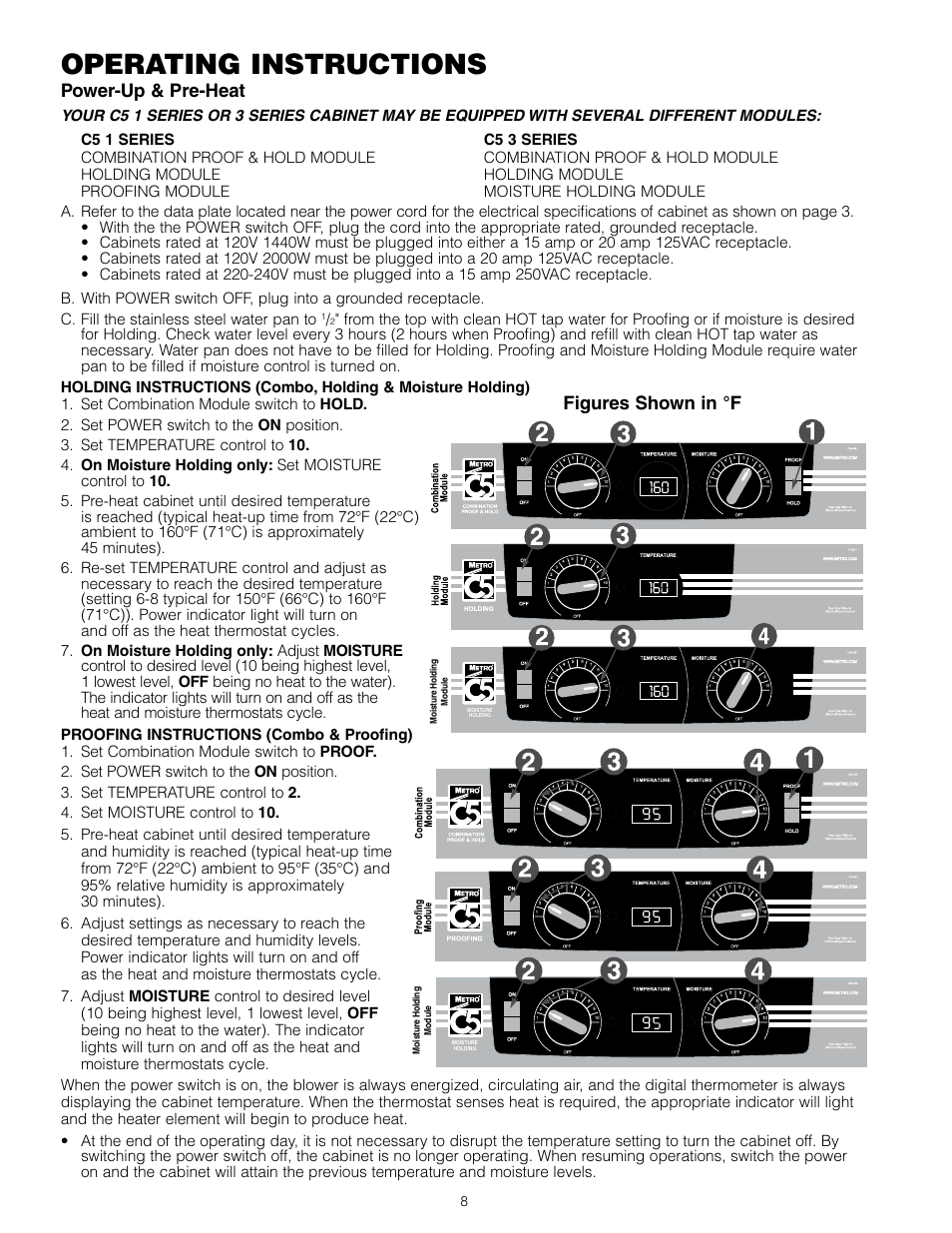 Operating instructions, Power-up & pre-heat, Figures shown in °f | Metro C5 3 Series Heated Cabinets User Manual | Page 10 / 32