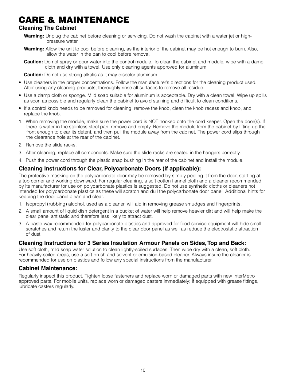 Care & maintenance | Metro C5 3 Series Heated Cabinets User Manual | Page 12 / 32