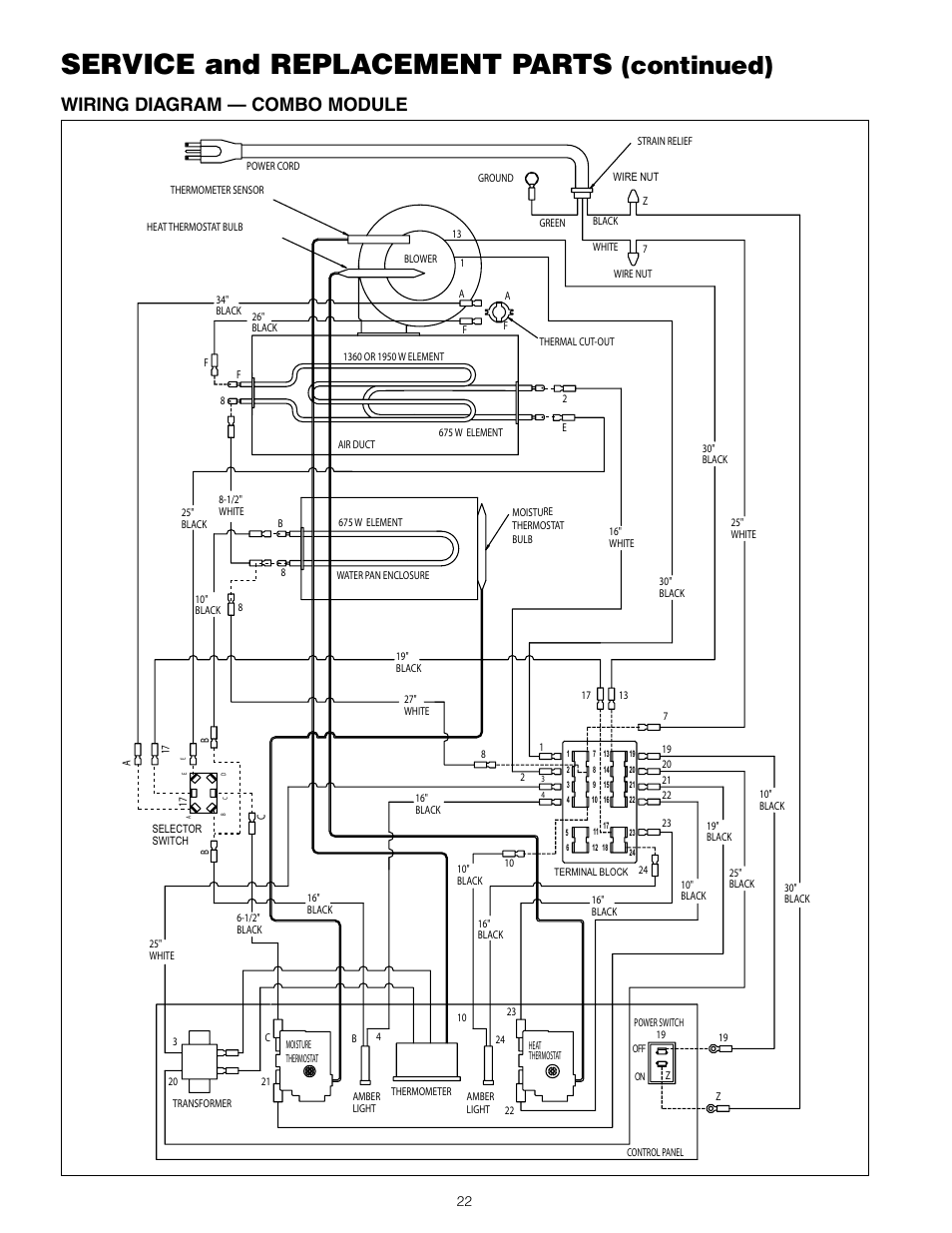 Service and replacement parts, Continued), Wiring diagram — combo module | Metro C5 3 Series Heated Cabinets User Manual | Page 24 / 32