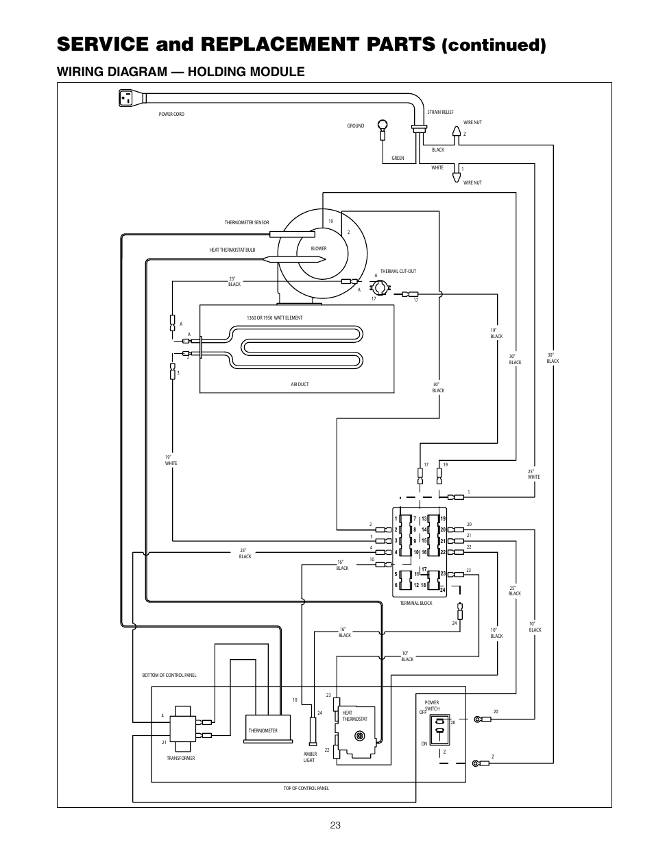 Service and replacement parts, Continued), Wiring diagram — holding module | Metro C5 3 Series Heated Cabinets User Manual | Page 25 / 32