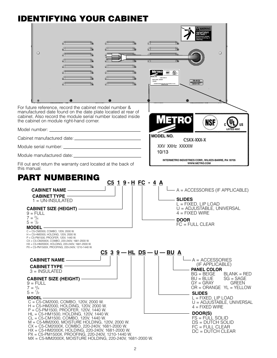 Identifying your cabinet, Part numbering, C5 1 9 - h fc - 4 a | C5 3 9 — hl ds — u — bu a | Metro C5 3 Series Heated Cabinets User Manual | Page 4 / 32