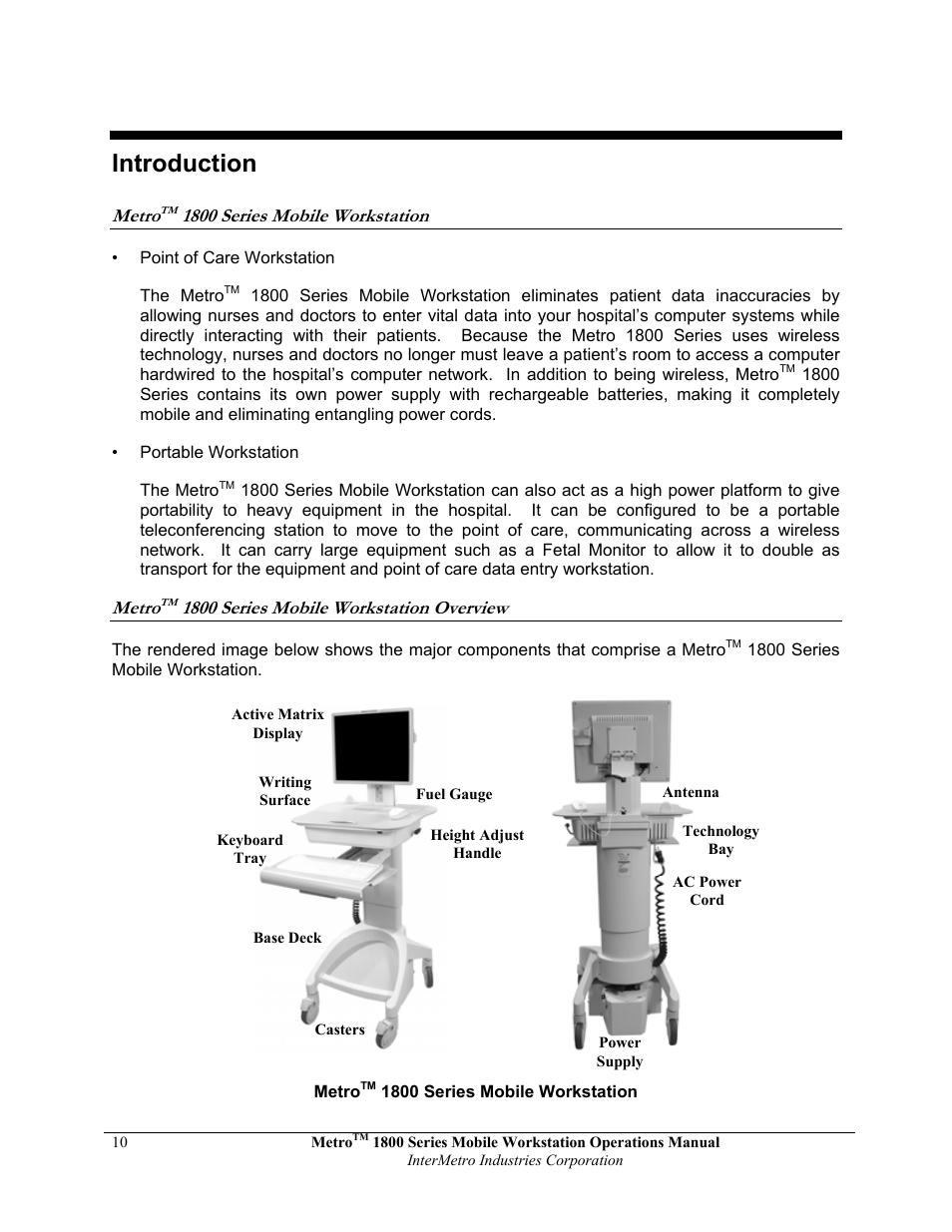 Introduction, Metro, 1800 series mobile workstation | 1800 series mobile workstation overview | Metro 1800 Series Mobile Workstation User Manual | Page 10 / 40