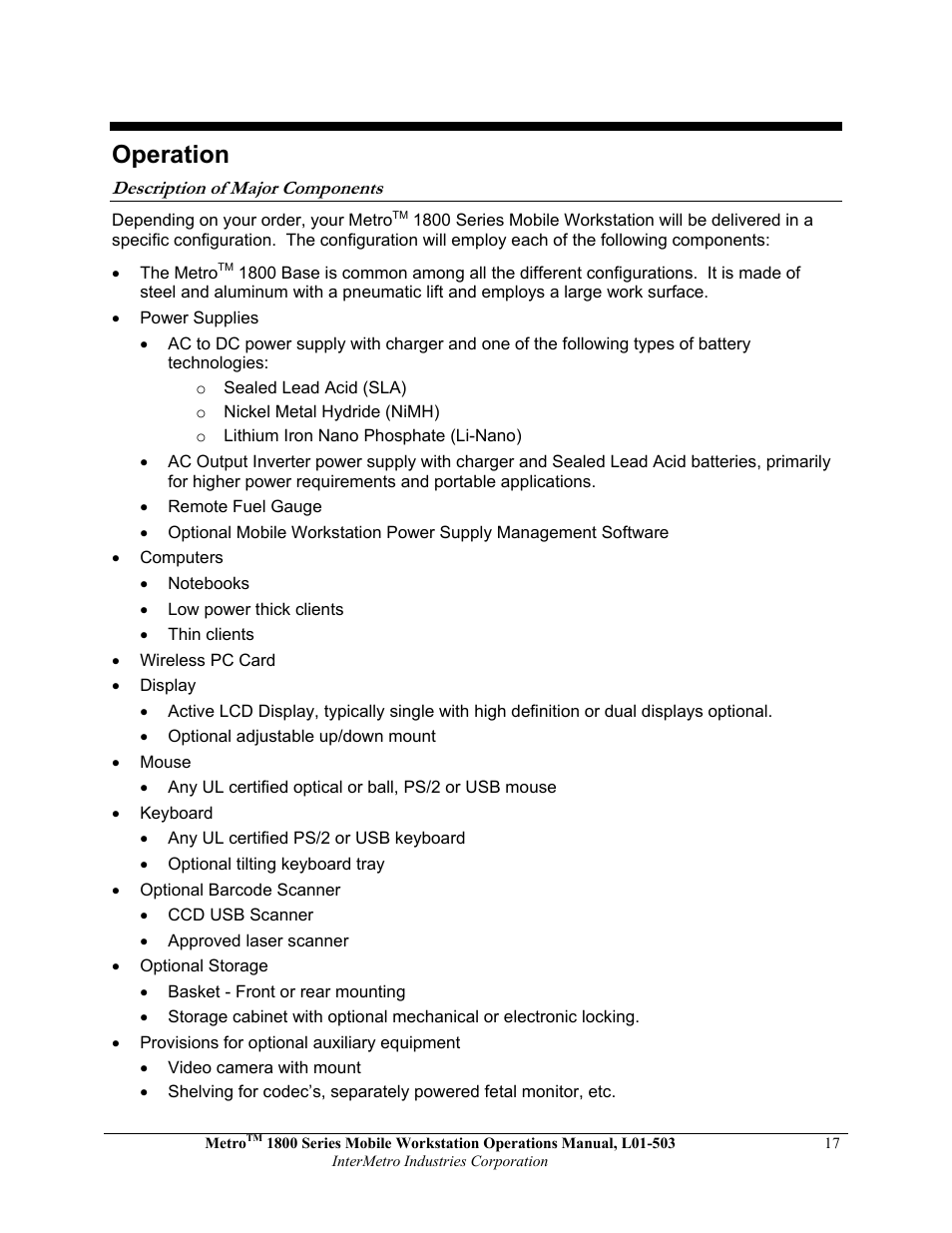 Operation | Metro 1800 Series Mobile Workstation User Manual | Page 17 / 40