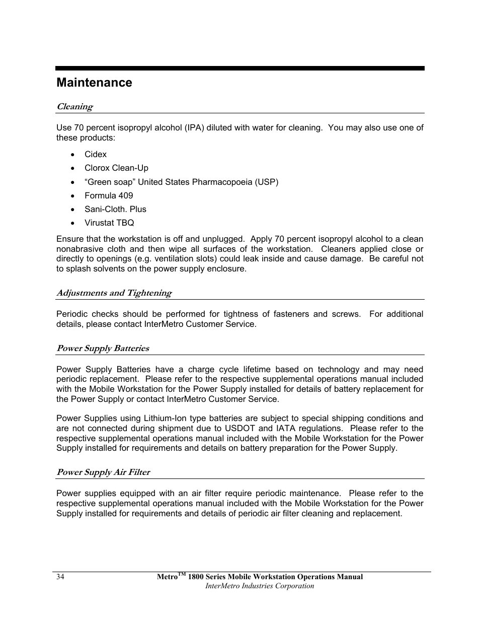 Maintenance | Metro 1800 Series Mobile Workstation User Manual | Page 34 / 40