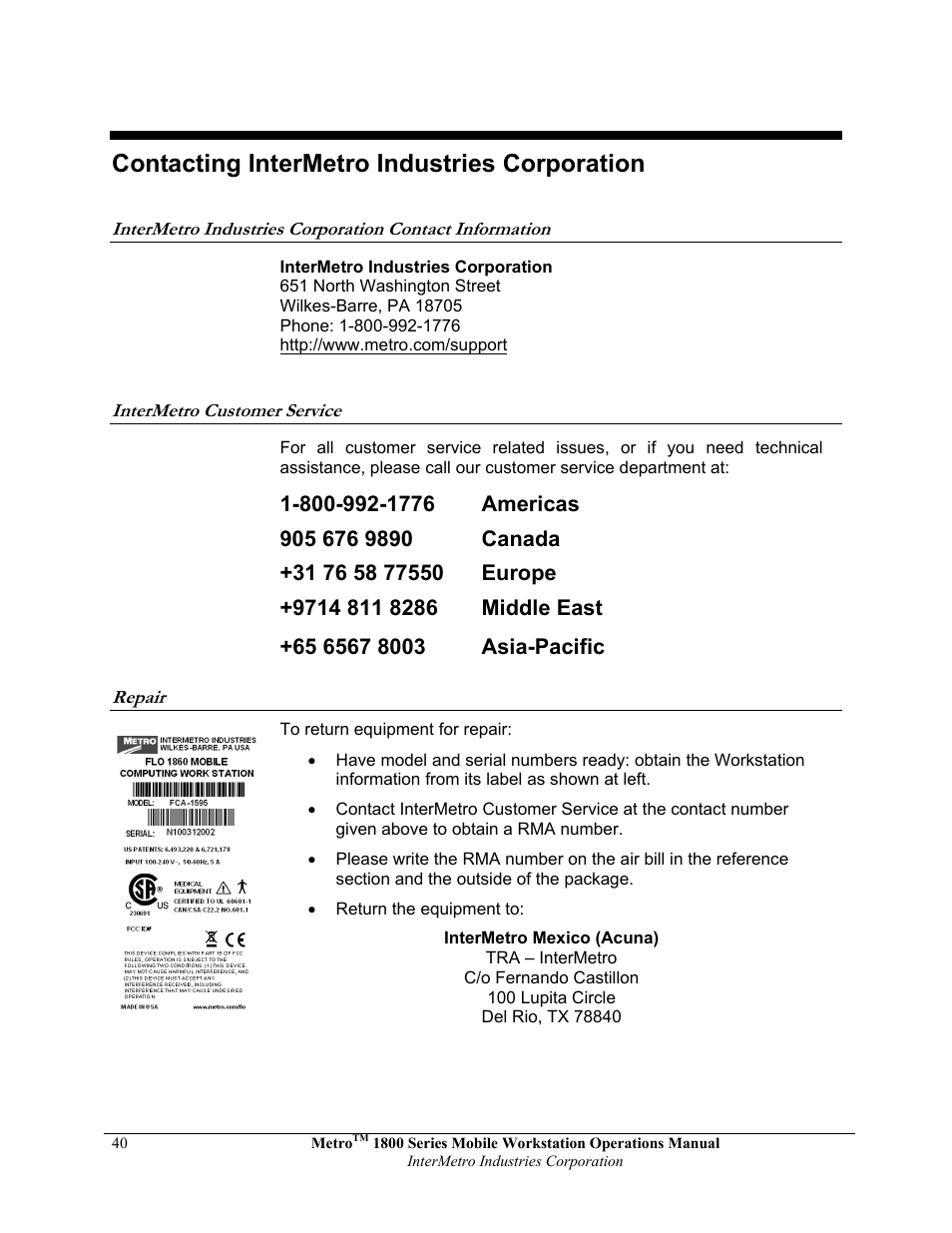 Contacting intermetro industries corporation | Metro 1800 Series Mobile Workstation User Manual | Page 40 / 40