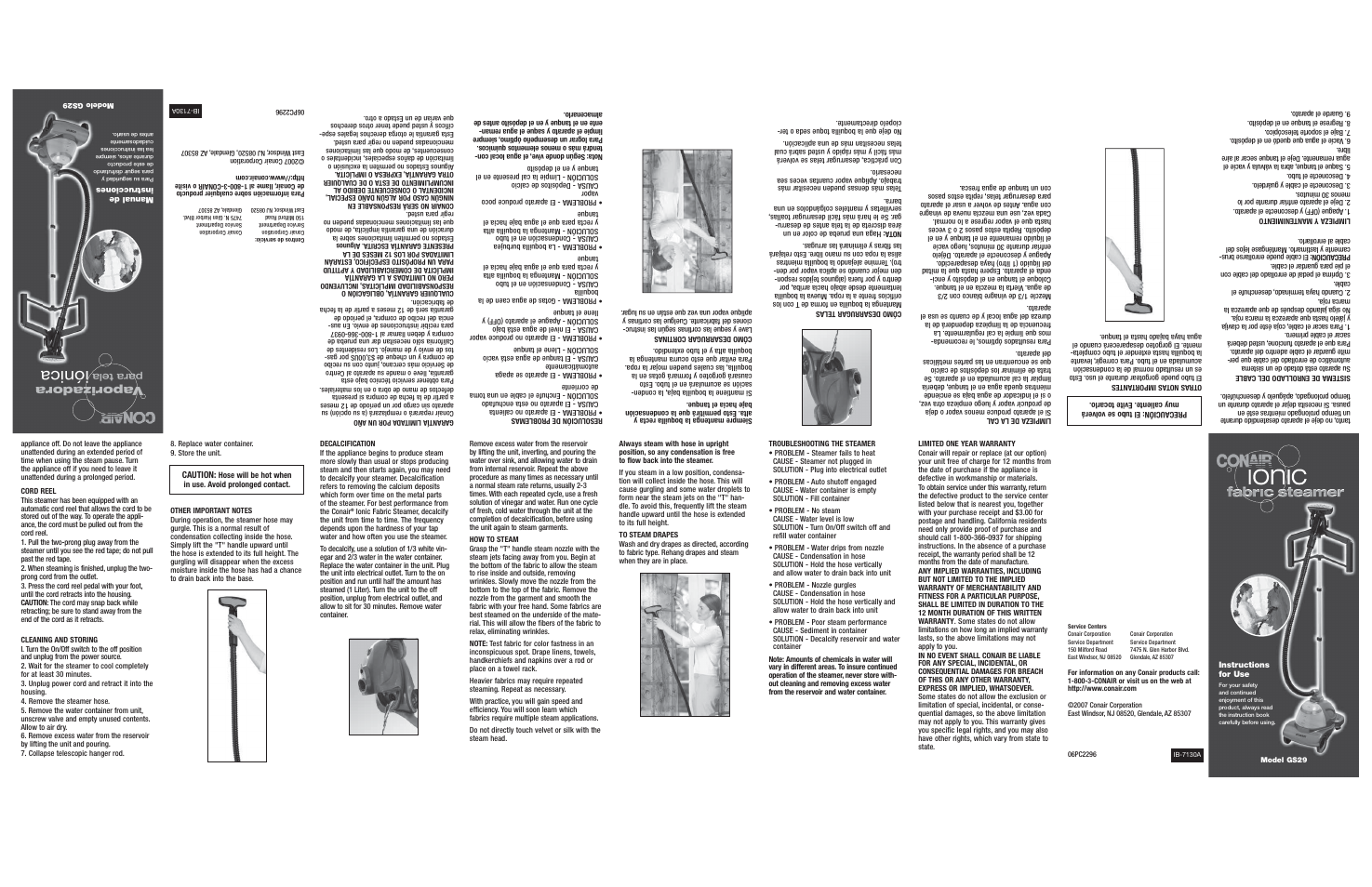Iónica, Vaporizadora, Para tela | Conair GS29 User Manual | Page 2 / 2