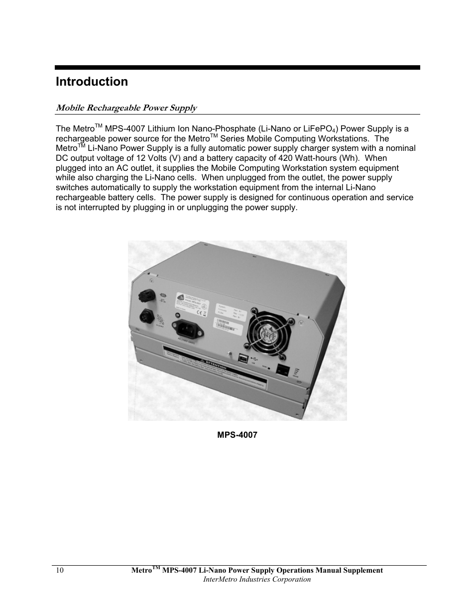 Introduction, Mobile rechargeable power supply | Metro Mobile Computing Workstations MPS-4007 Lithium Ion Nano-Phosphate Power Supply User Manual | Page 10 / 52