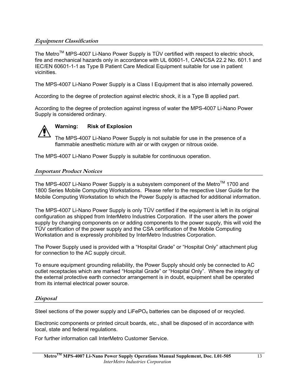 Metro Mobile Computing Workstations MPS-4007 Lithium Ion Nano-Phosphate Power Supply User Manual | Page 13 / 52