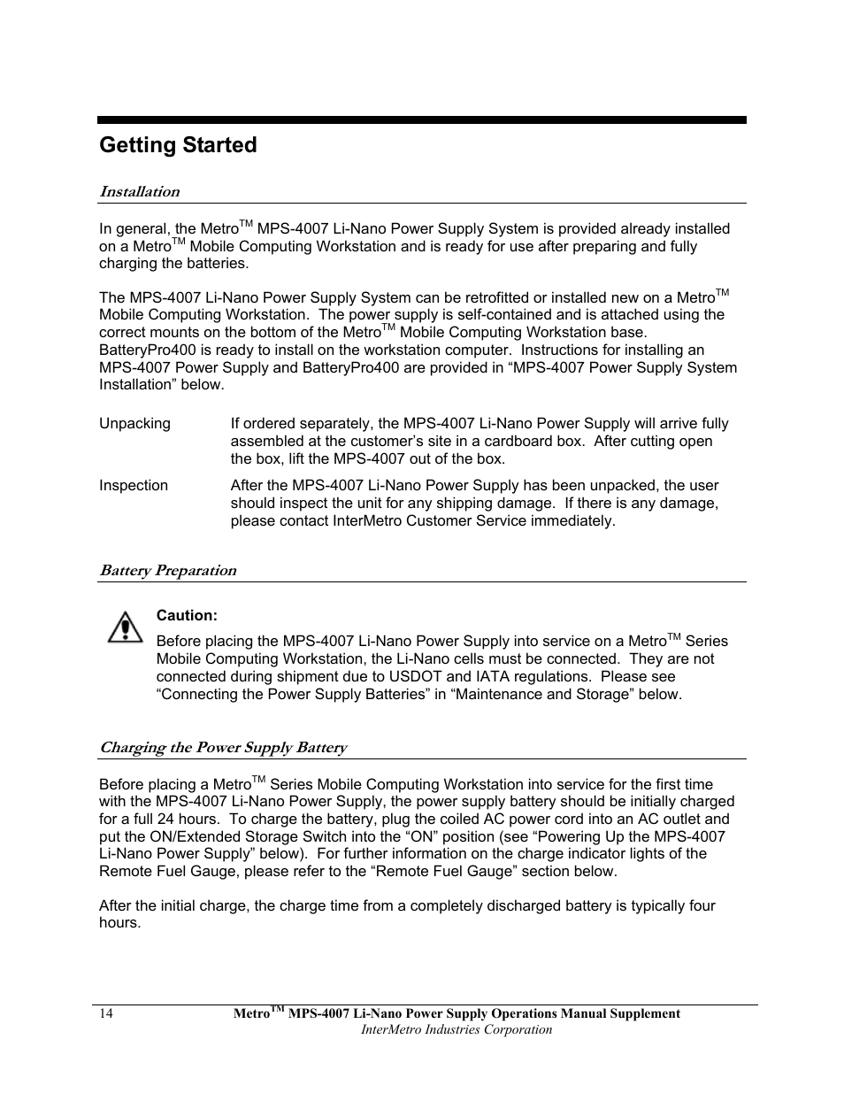 Getting started | Metro Mobile Computing Workstations MPS-4007 Lithium Ion Nano-Phosphate Power Supply User Manual | Page 14 / 52