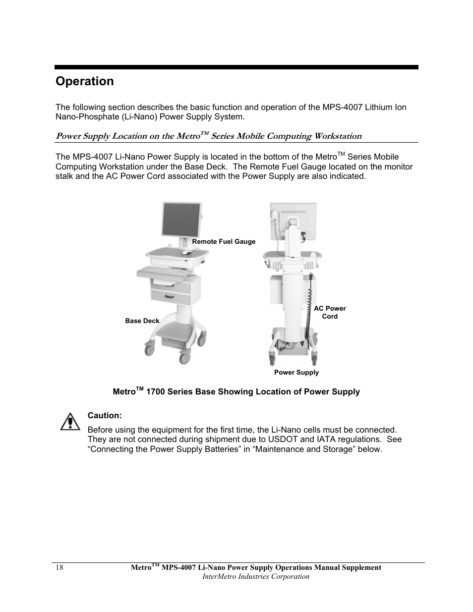 Operation, Power supply location on the metro, Series mobile computing workstation | Metro Mobile Computing Workstations MPS-4007 Lithium Ion Nano-Phosphate Power Supply User Manual | Page 18 / 52