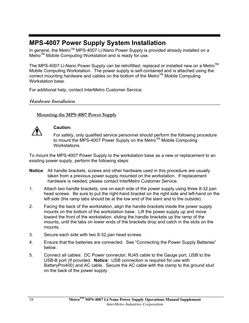 Mps-4007 power supply system installation | Metro Mobile Computing Workstations MPS-4007 Lithium Ion Nano-Phosphate Power Supply User Manual | Page 38 / 52