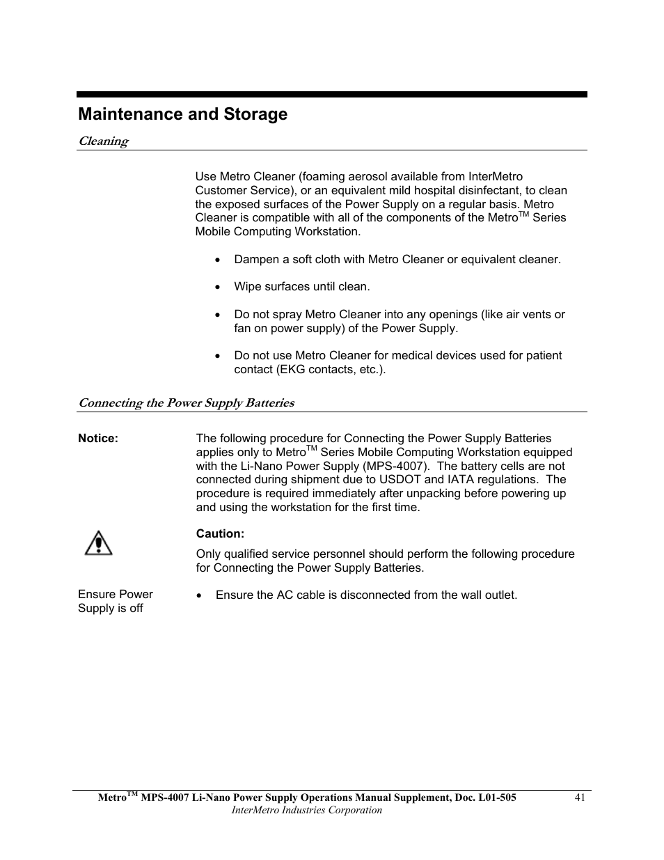 Maintenance and storage | Metro Mobile Computing Workstations MPS-4007 Lithium Ion Nano-Phosphate Power Supply User Manual | Page 41 / 52