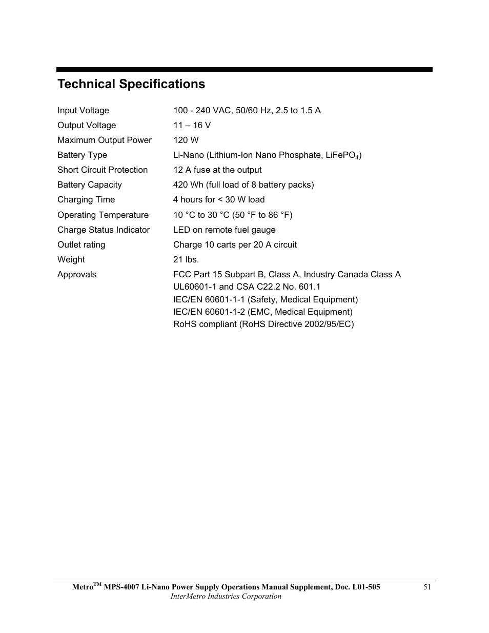 Technical specifications | Metro Mobile Computing Workstations MPS-4007 Lithium Ion Nano-Phosphate Power Supply User Manual | Page 51 / 52