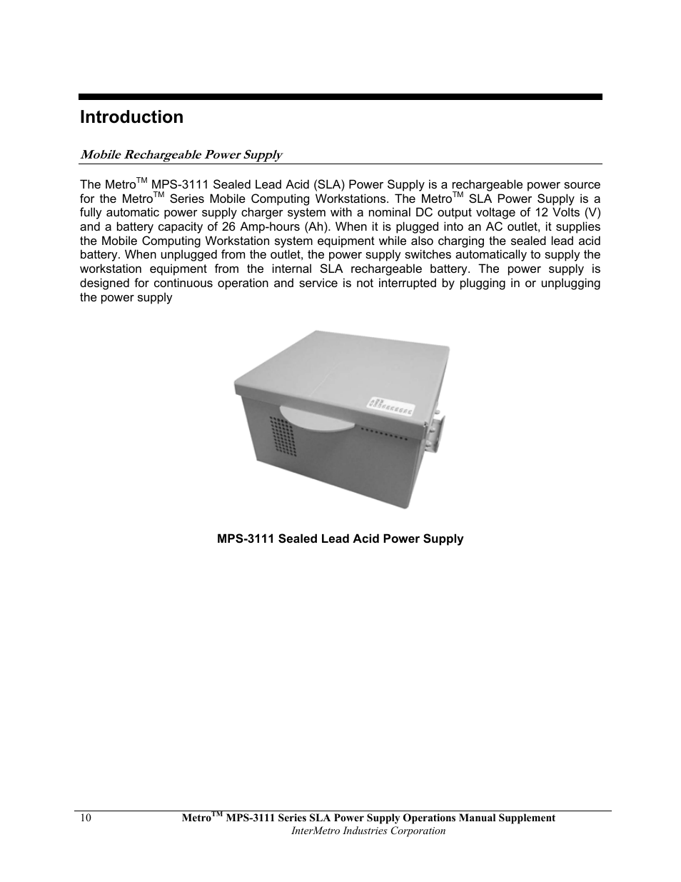 Introduction, Mobile rechargeable power supply | Metro Mobile Computing Workstations MPS-3111 Series Sealed Lead Acid Power Supply User Manual | Page 10 / 36