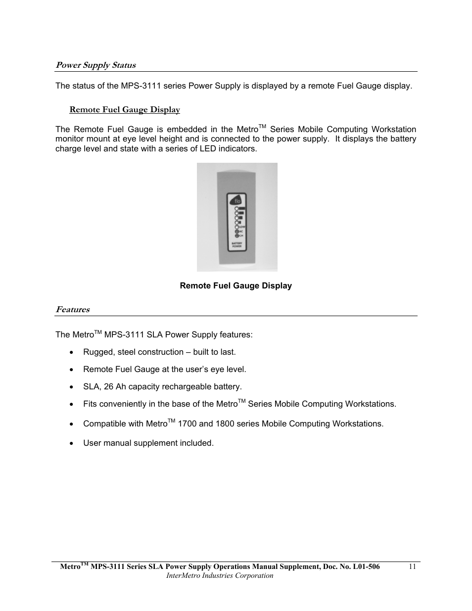Metro Mobile Computing Workstations MPS-3111 Series Sealed Lead Acid Power Supply User Manual | Page 11 / 36