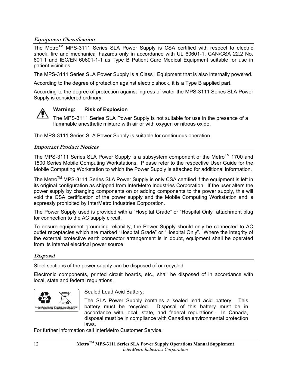Metro Mobile Computing Workstations MPS-3111 Series Sealed Lead Acid Power Supply User Manual | Page 12 / 36