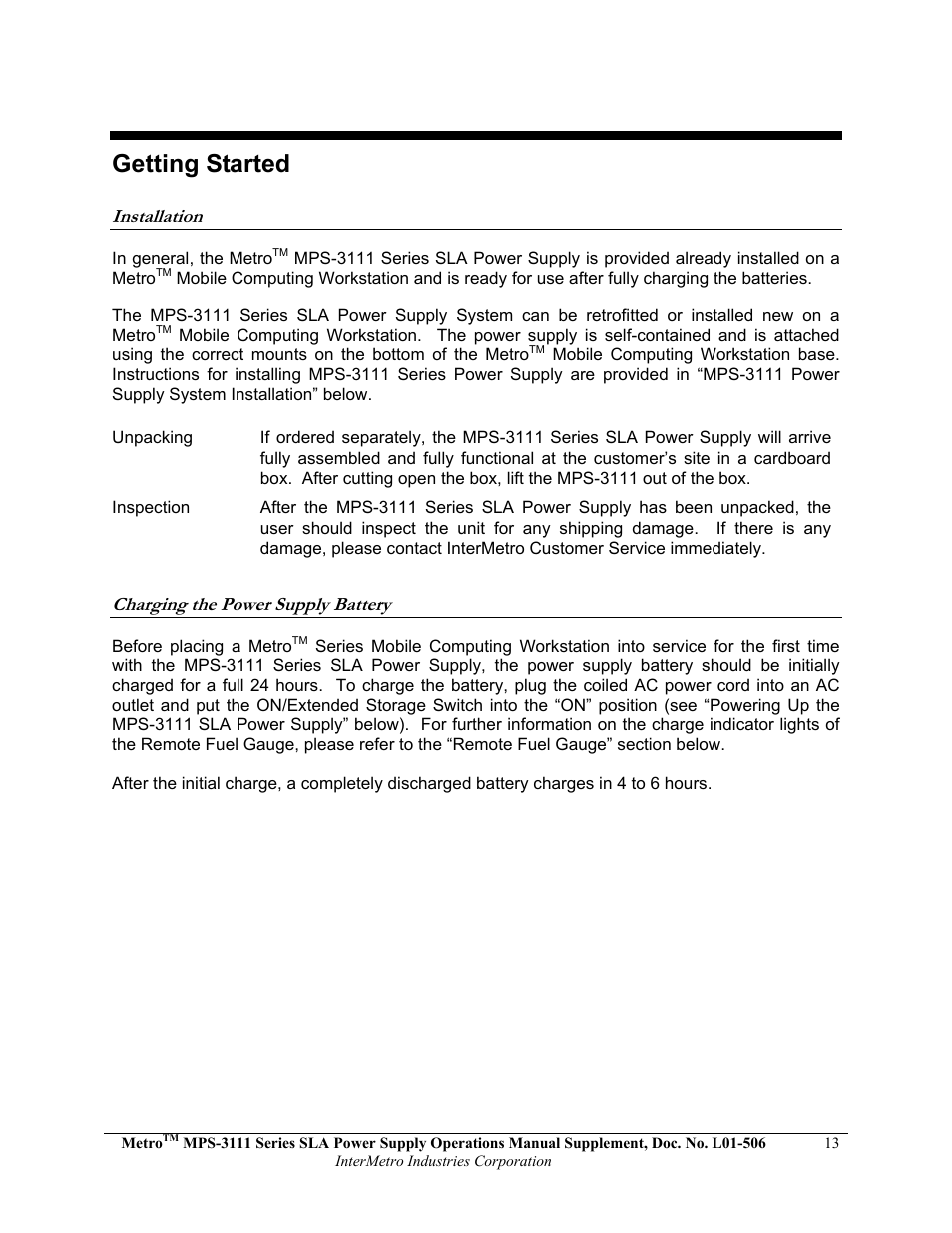 Getting started | Metro Mobile Computing Workstations MPS-3111 Series Sealed Lead Acid Power Supply User Manual | Page 13 / 36