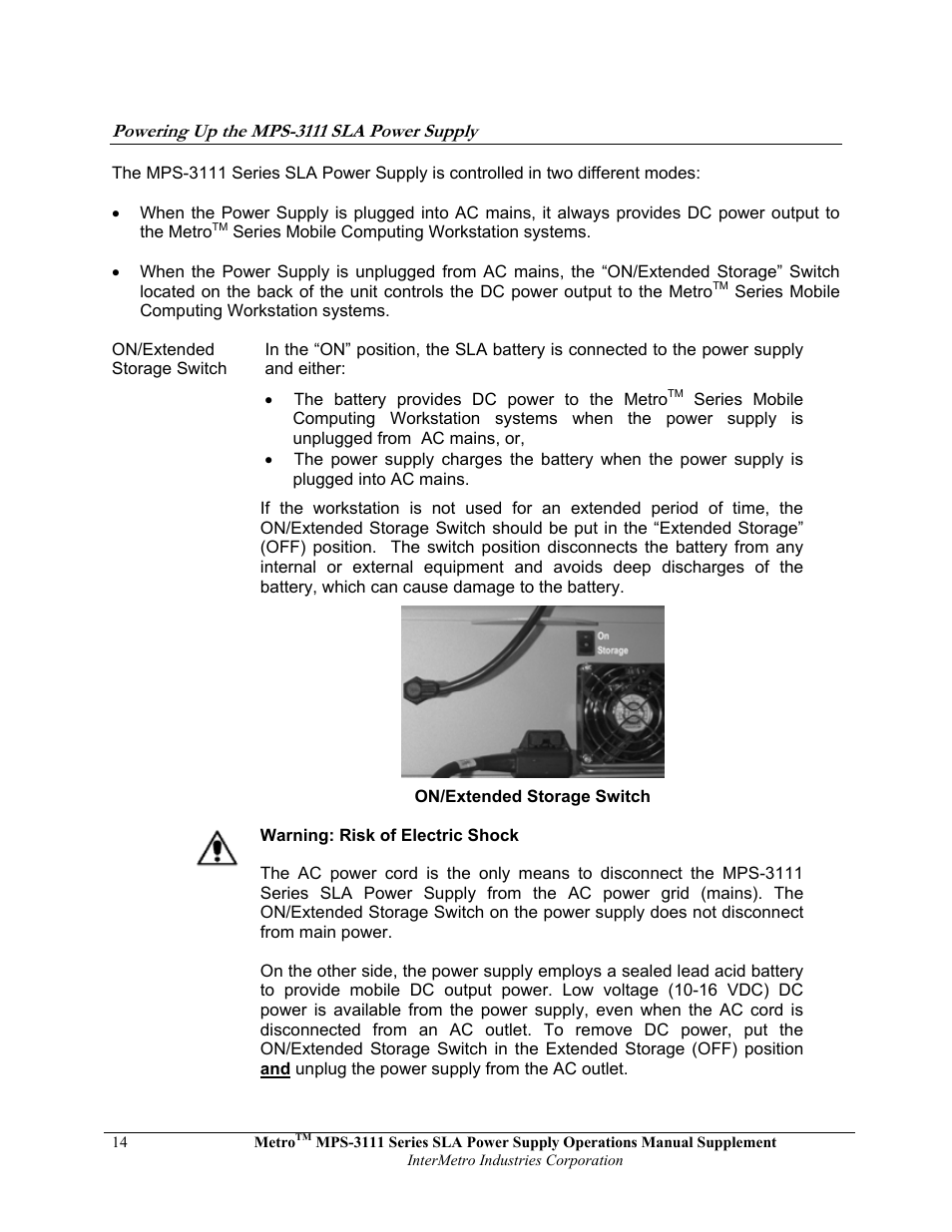 Metro Mobile Computing Workstations MPS-3111 Series Sealed Lead Acid Power Supply User Manual | Page 14 / 36