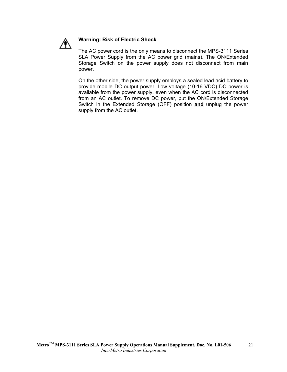 Metro Mobile Computing Workstations MPS-3111 Series Sealed Lead Acid Power Supply User Manual | Page 21 / 36