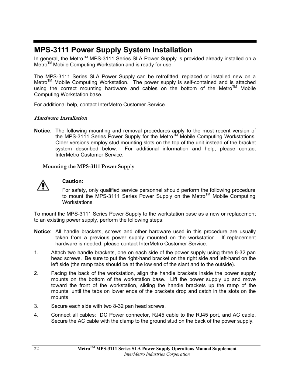 Mps-3111 power supply system installation | Metro Mobile Computing Workstations MPS-3111 Series Sealed Lead Acid Power Supply User Manual | Page 22 / 36