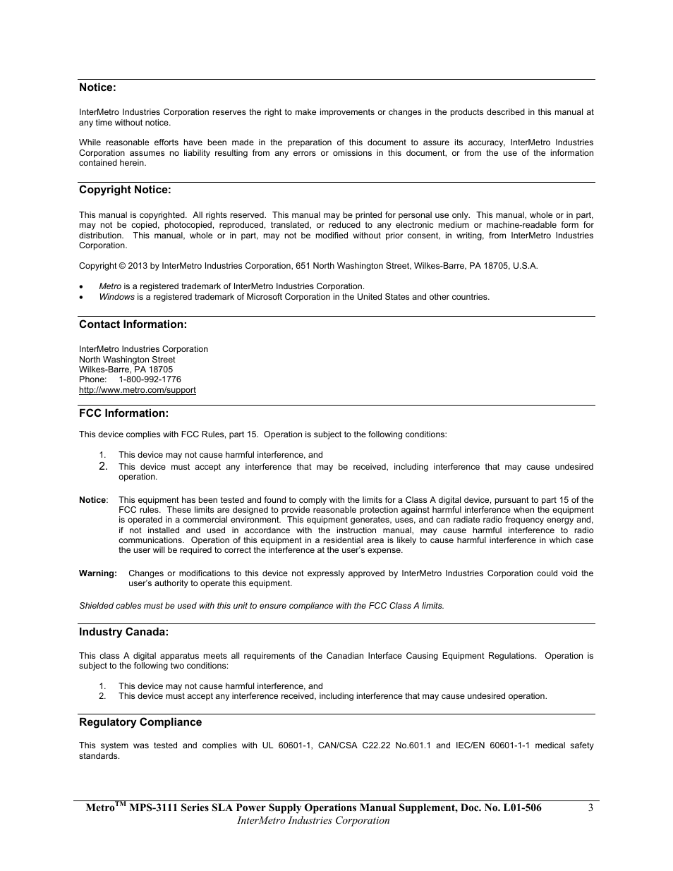 Metro Mobile Computing Workstations MPS-3111 Series Sealed Lead Acid Power Supply User Manual | Page 3 / 36