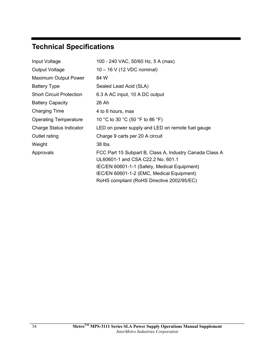 Technical specifications | Metro Mobile Computing Workstations MPS-3111 Series Sealed Lead Acid Power Supply User Manual | Page 34 / 36