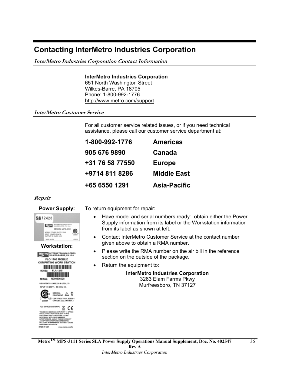Contacting intermetro industries corporation | Metro Mobile Computing Workstations MPS-3111 Series Sealed Lead Acid Power Supply User Manual | Page 36 / 36