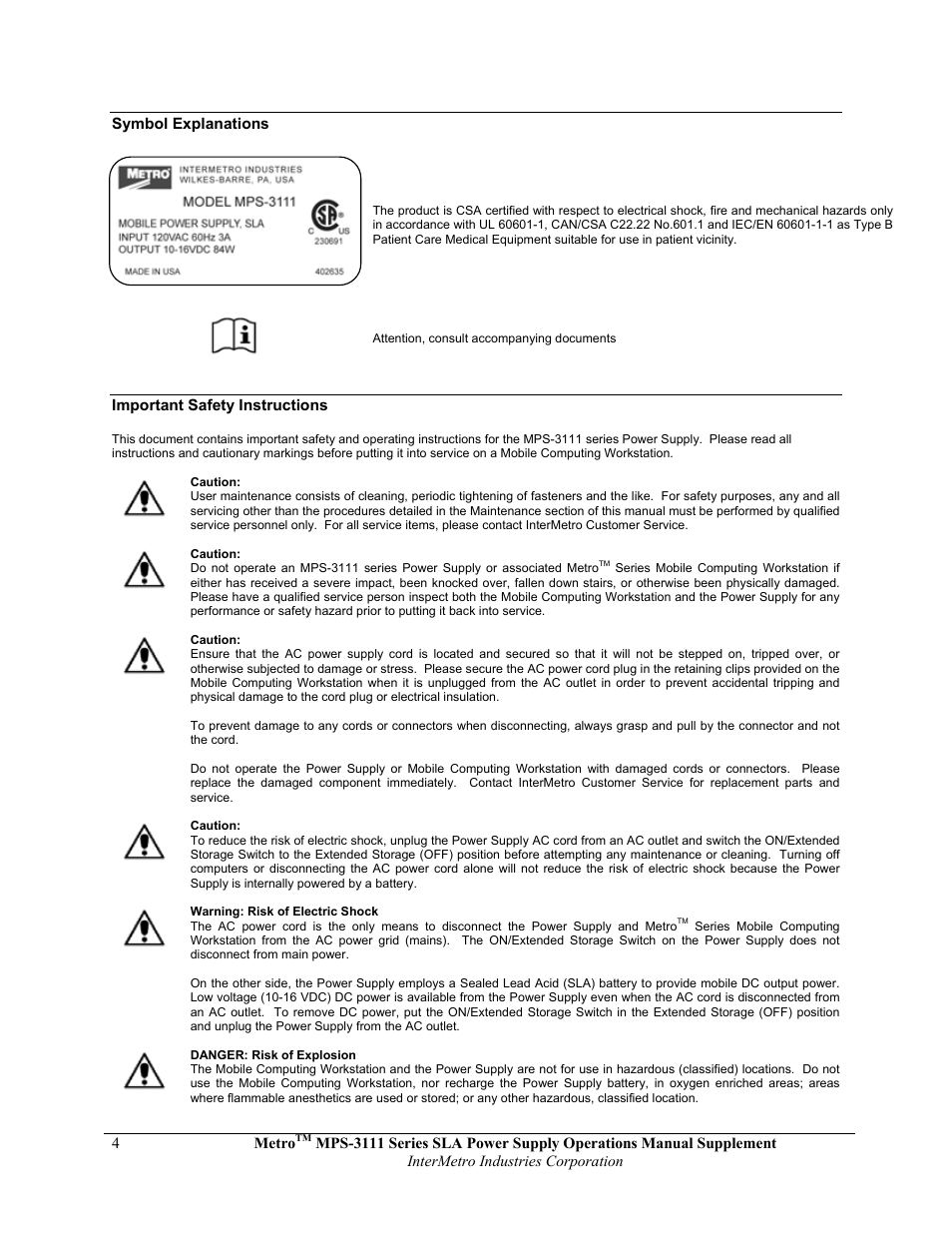 Metro Mobile Computing Workstations MPS-3111 Series Sealed Lead Acid Power Supply User Manual | Page 4 / 36