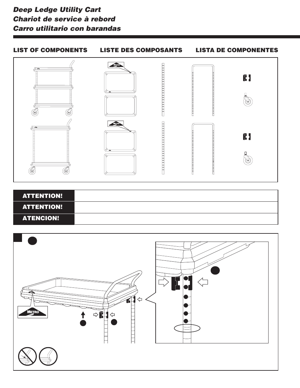 Attention, Atencion, Shelves must be assembled before casters | Etagères doivent être montées avant roulettes | Metro Deep Ledge Utility Cart User Manual | Page 2 / 4