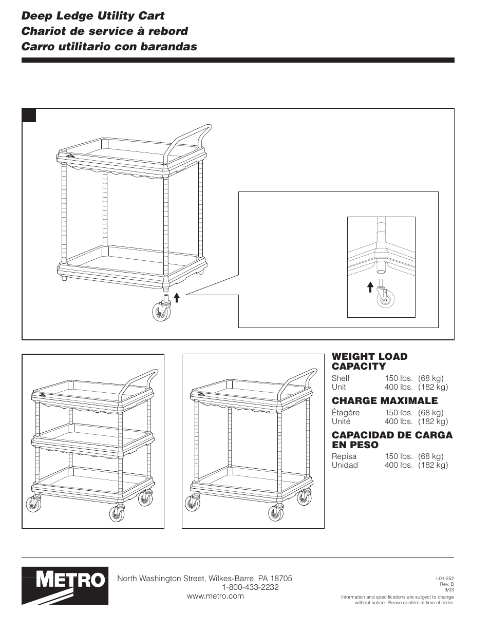 Weight load capacity, Charge maximale, Capacidad de carga en peso | Metro Deep Ledge Utility Cart User Manual | Page 4 / 4